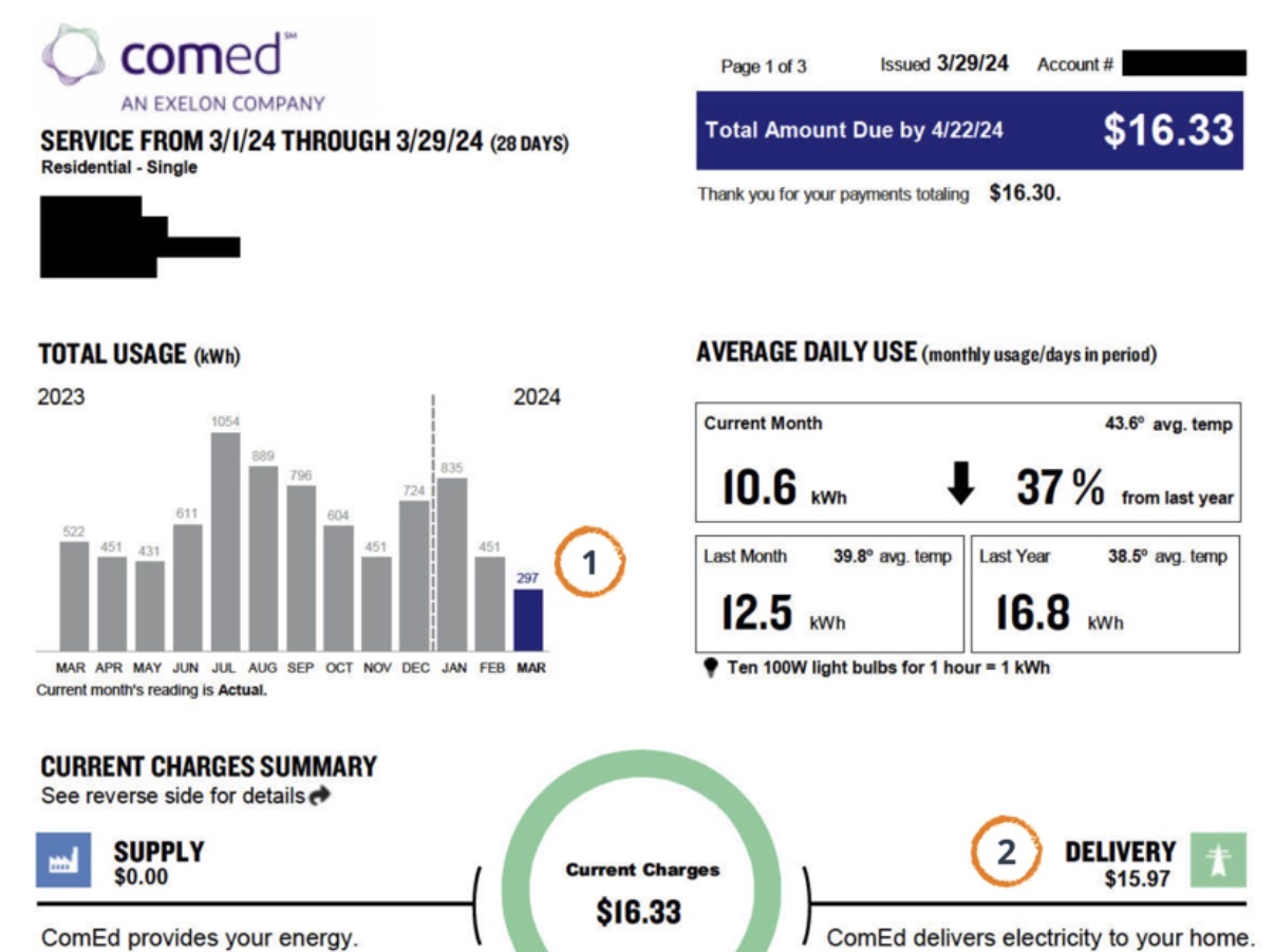 Customer ComEd bill after solar installation — March 2024 service period