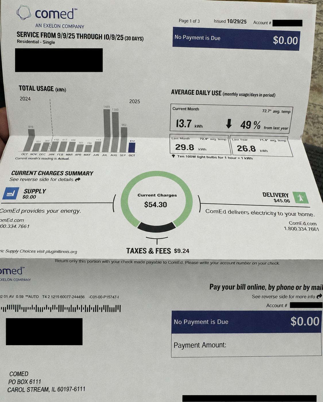 Customer ComEd bill after solar installation — September–October 2025 service period