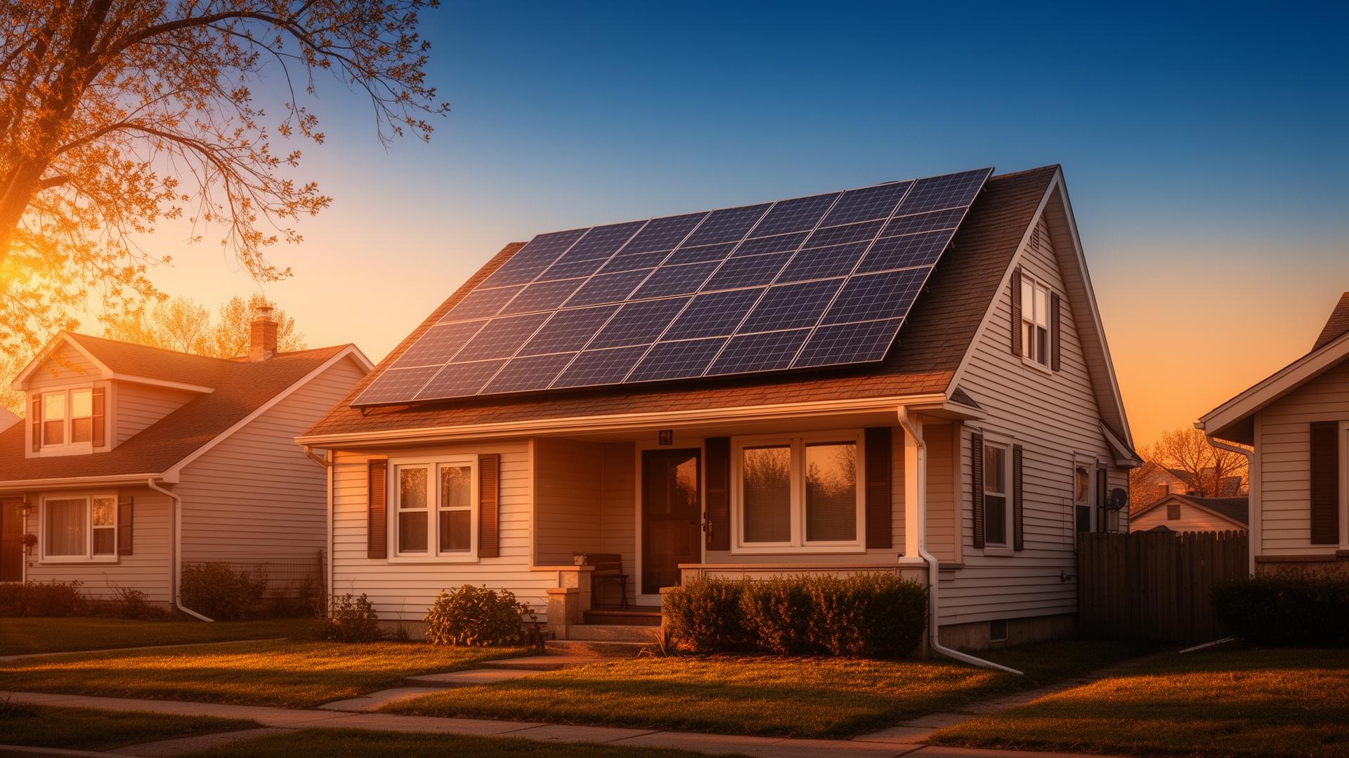 Illinois home with new solar panels at sunset